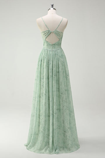 Floral Dusty Sage A Line Cut Out Bridesmaid Dress with Slit